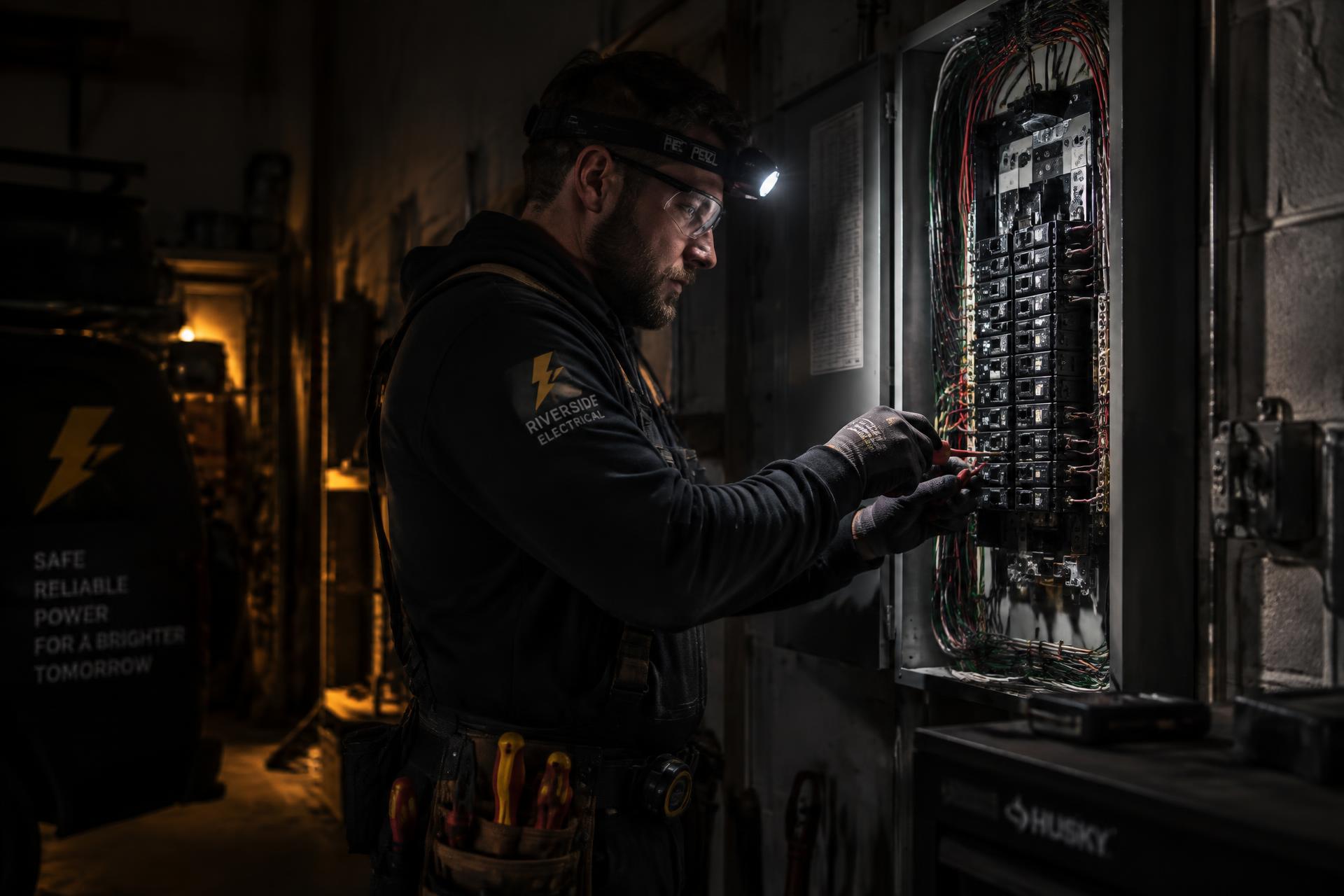 Licensed electrician working at a residential breaker panel in Boulder