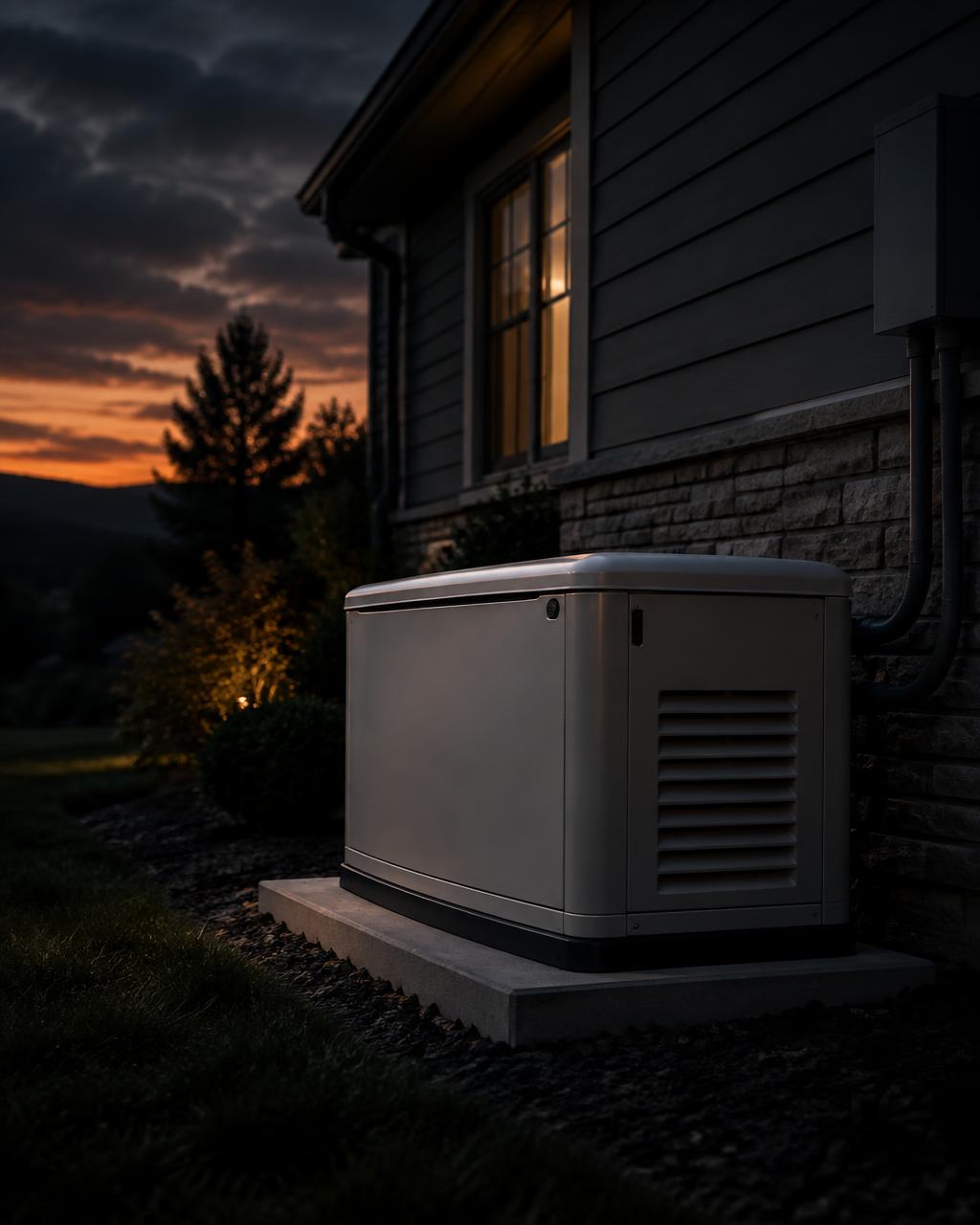 Standby generator installed on a concrete pad beside a house